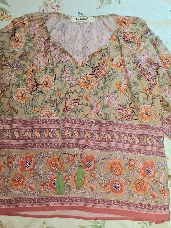 Three Bird Nest Tops - Three Bird Nest Beige Boho Floral & Butterfly Tunic with Pink Accents